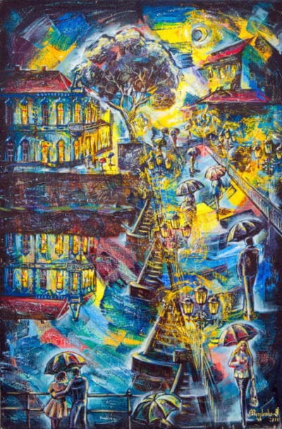 night painting of a city with lights and people for mental art therapy