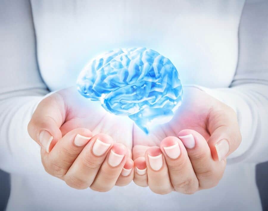 hands of a woman holding an illustration of a brain